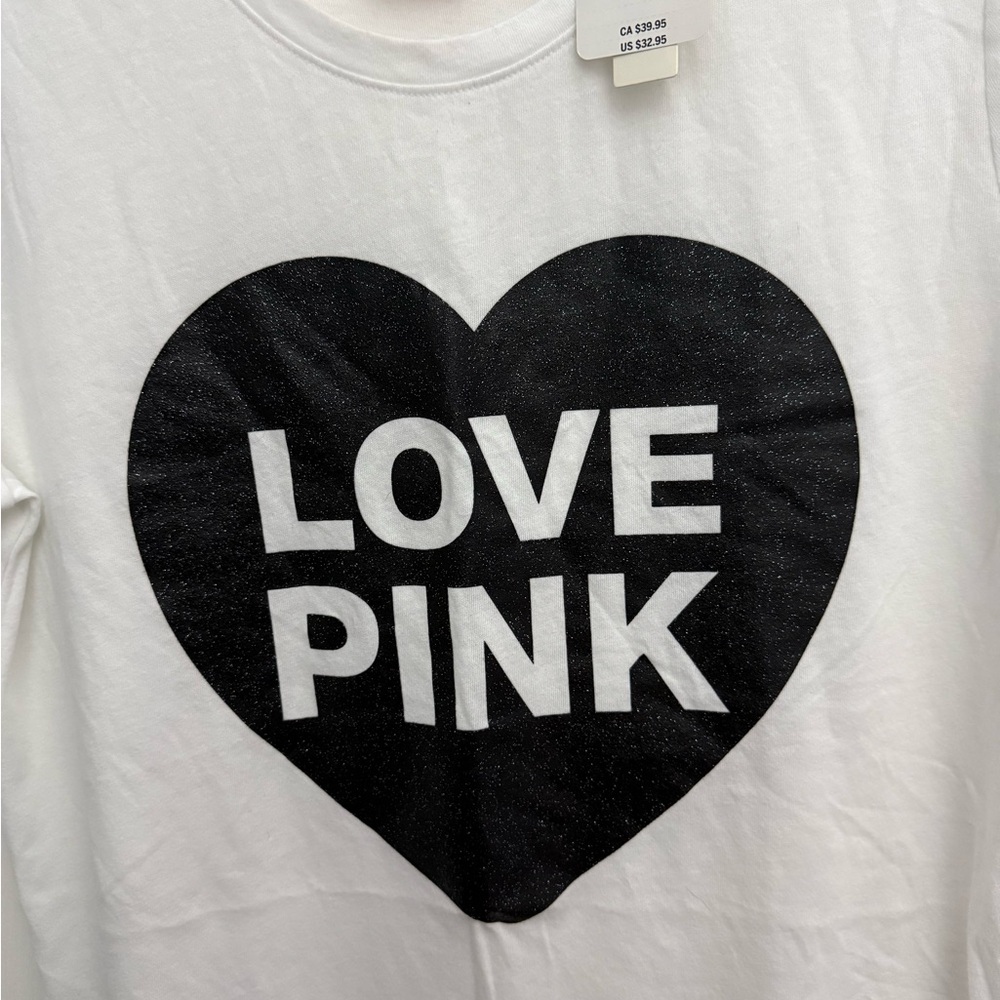 PINK Victoria's Secret White Short Sleeve Tee with Black Heart Logo - Picture 2 of 3